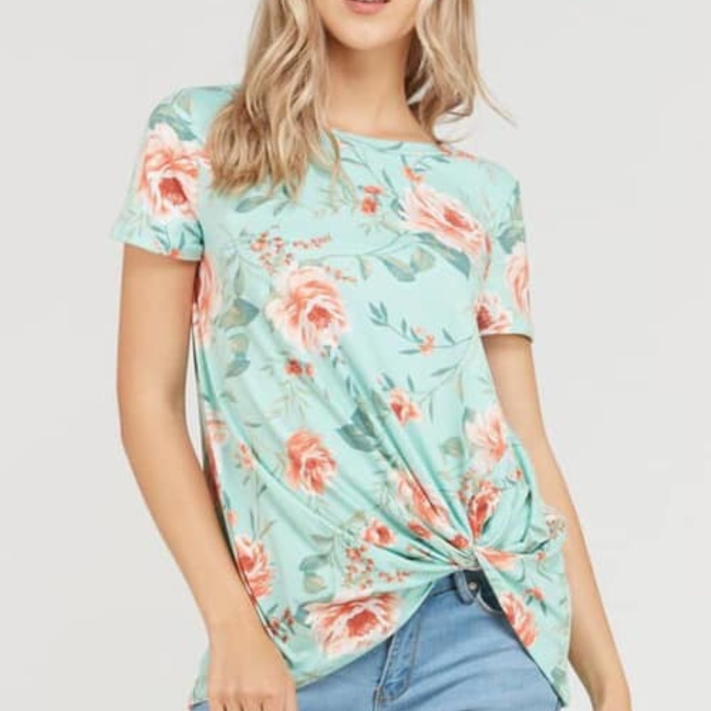 Mint Knotted Hem Short Sleeve Floral Top - Picture 1 of 1